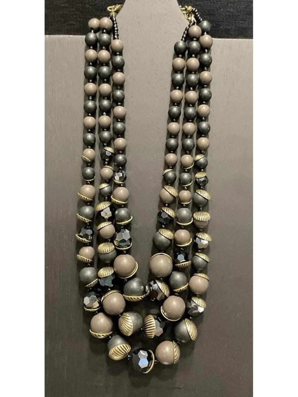 Premier Designs 3 Layer Black / Gray Beaded Necklace W/gold Tone #141